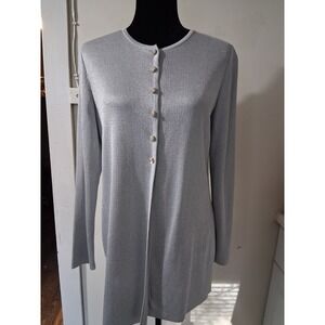 St John Womens Silver Metallic Ribbed Longline Cardigan Crystal Buttons Small
